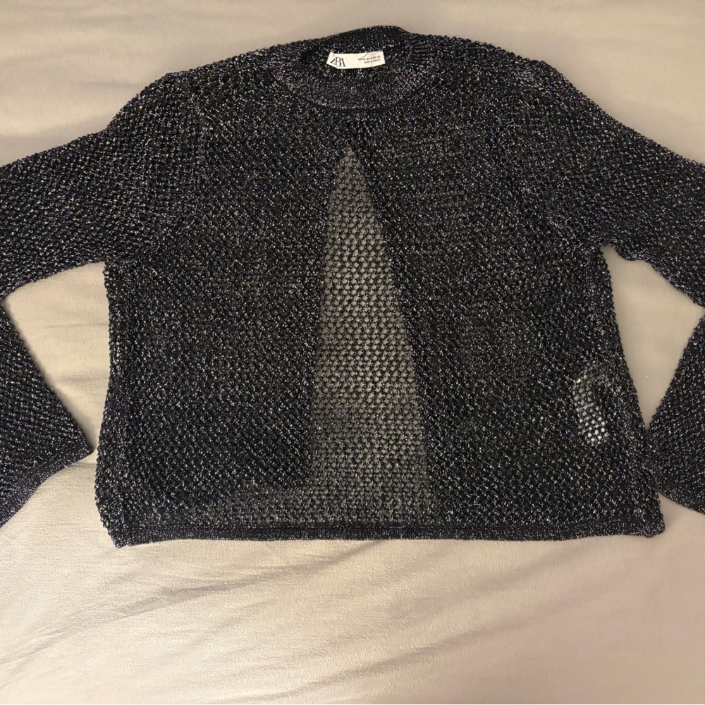 Knit silver & black sweater with back slit. Slit can be reversed to front.